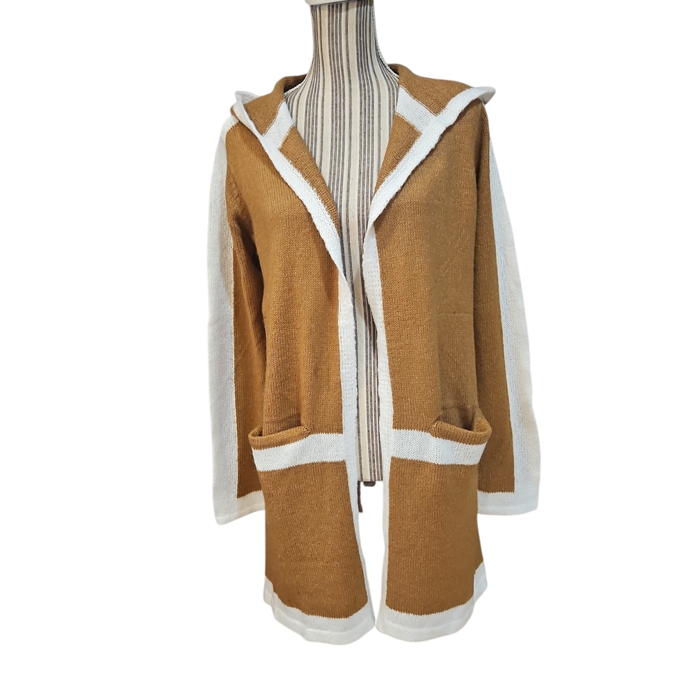 Kempton Woman Knit Tan White Pocket Open FrontHoddie Cardigan Size S